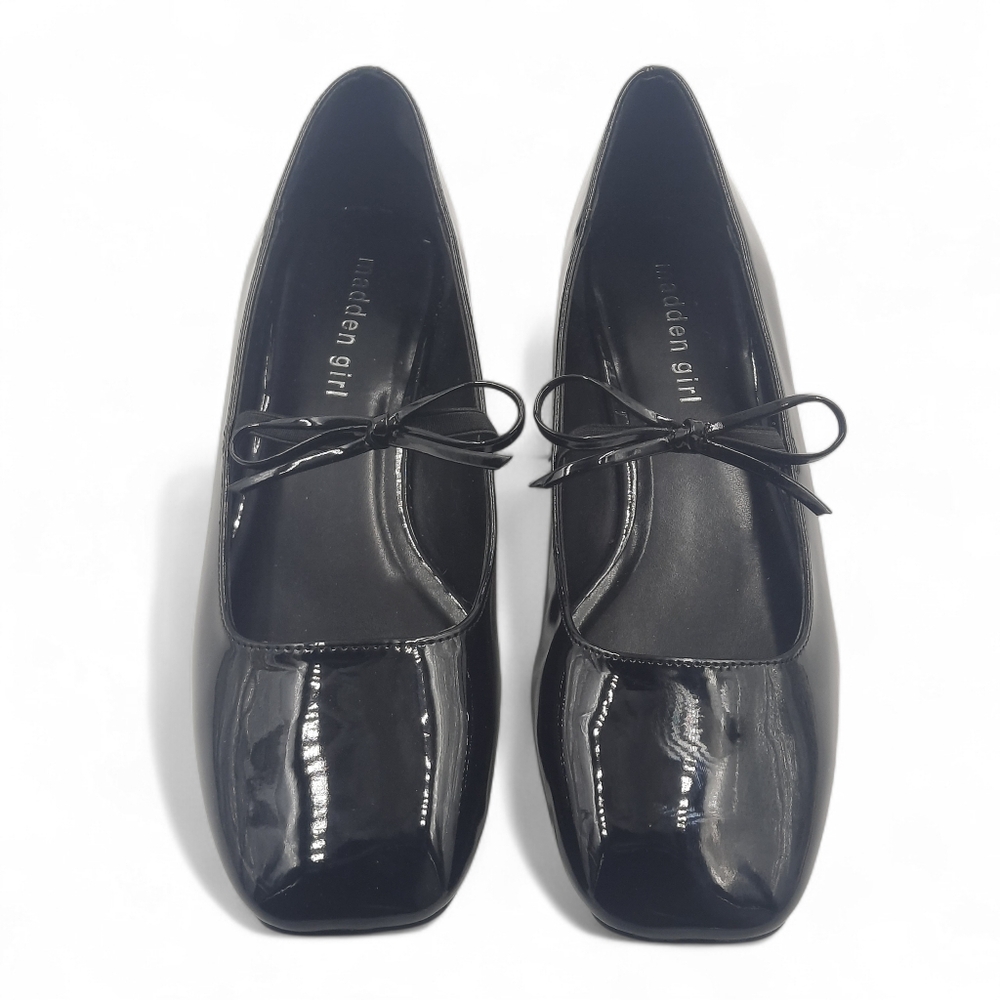 MADDEN Girl Mary Jane Flats Black Patent Square Toe Bow Ladylike Minimal 8.5 LNC